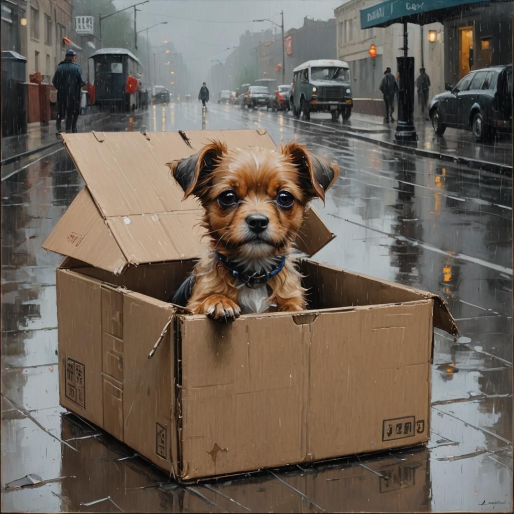 Dog in Box: Oil Painting in the Style of Gurney