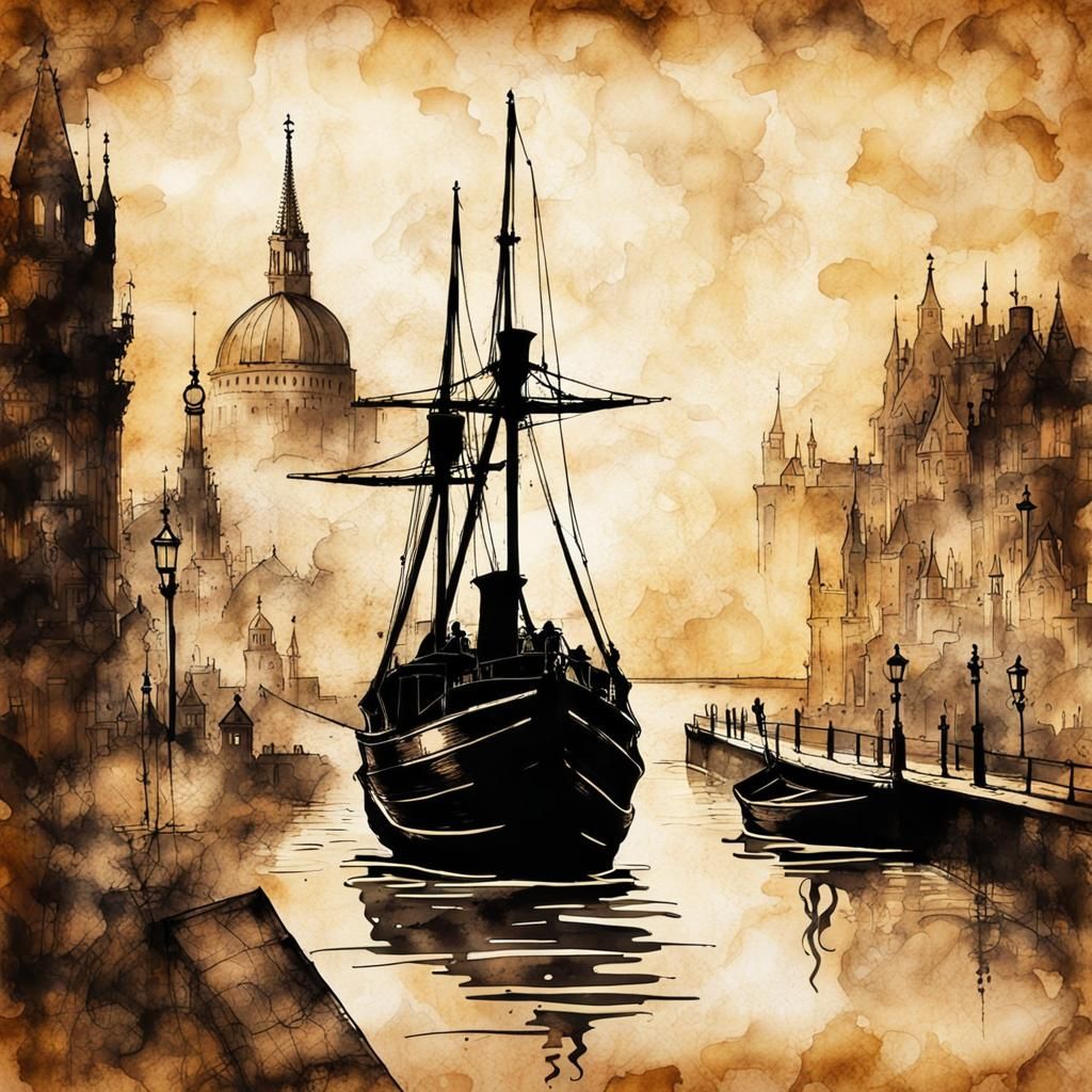 Steampunk Boat Silhouette on the Thames in Ink