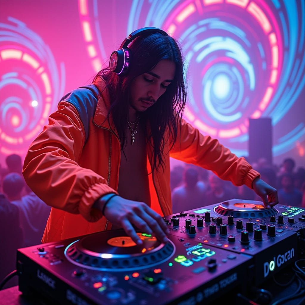 Ethereal Goa Trance DJ in Vibrant, Swirling Patterns