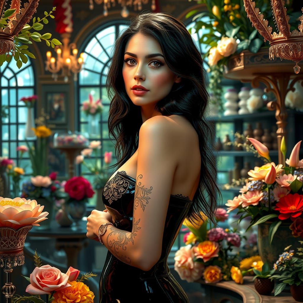 Raven-Haired Beauty in Victorian Florist Shop