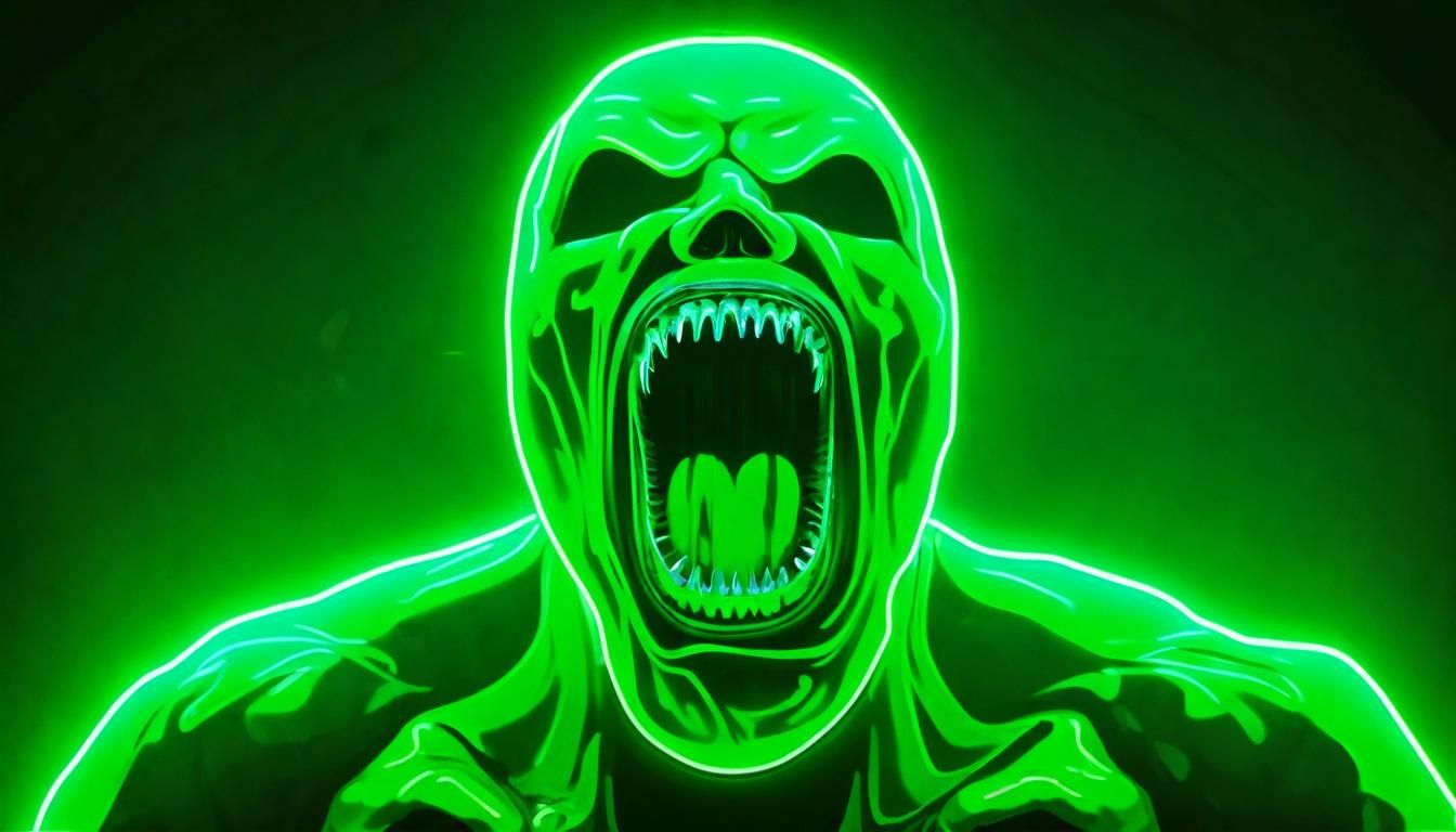 Eerie Ghost with Stretched Mouth in Neon Light