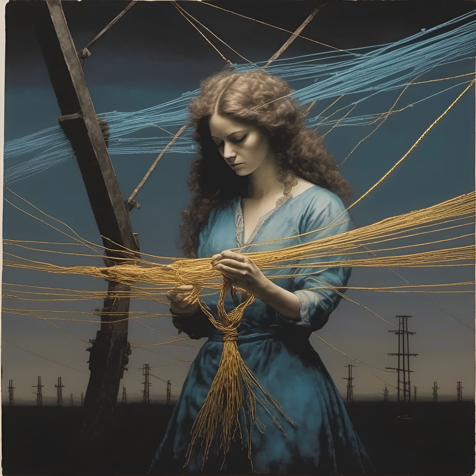 Mezzotint: Woman Weaving Power Lines