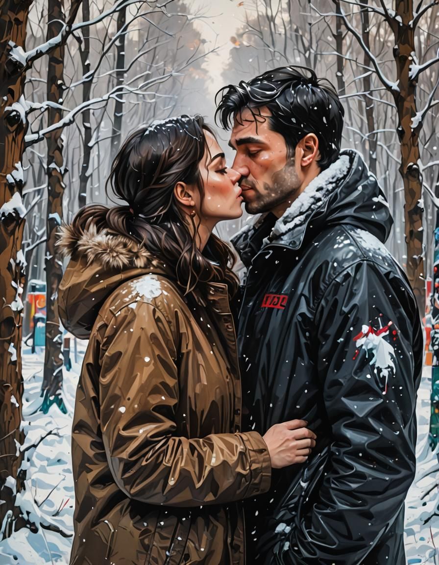 Romantic Kiss in Snowy Woods, Graffiti Art Style