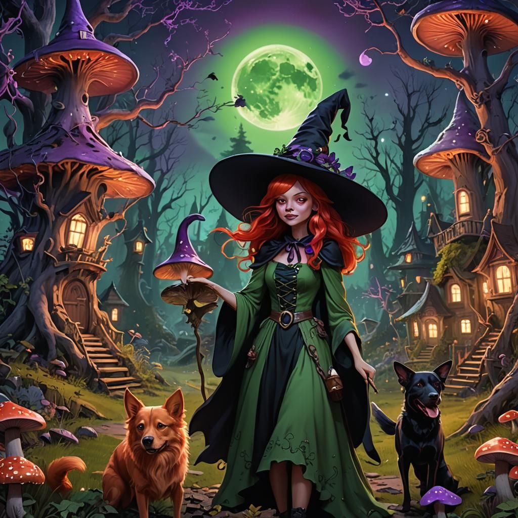 Enchanting Witch in Magical Forest, Fantasy Concept Art