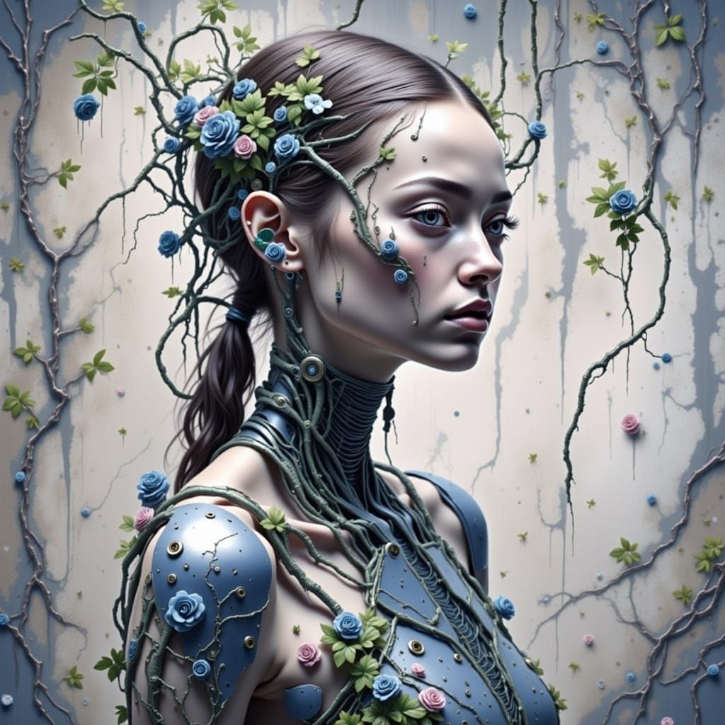 Cyborg Woman Entangled in Floral Web