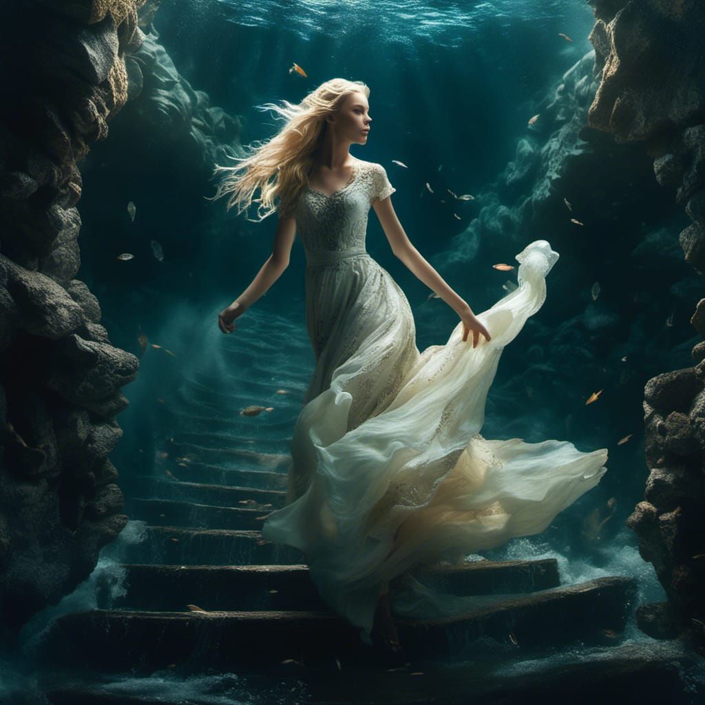 Blond Elf Descends Underwater Staircase