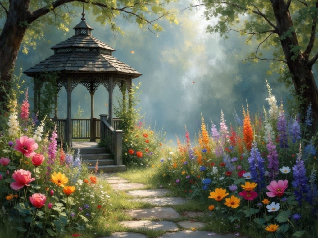 Enchanted Garden with Iridescent Flowers in Pre-Raphaelite S...