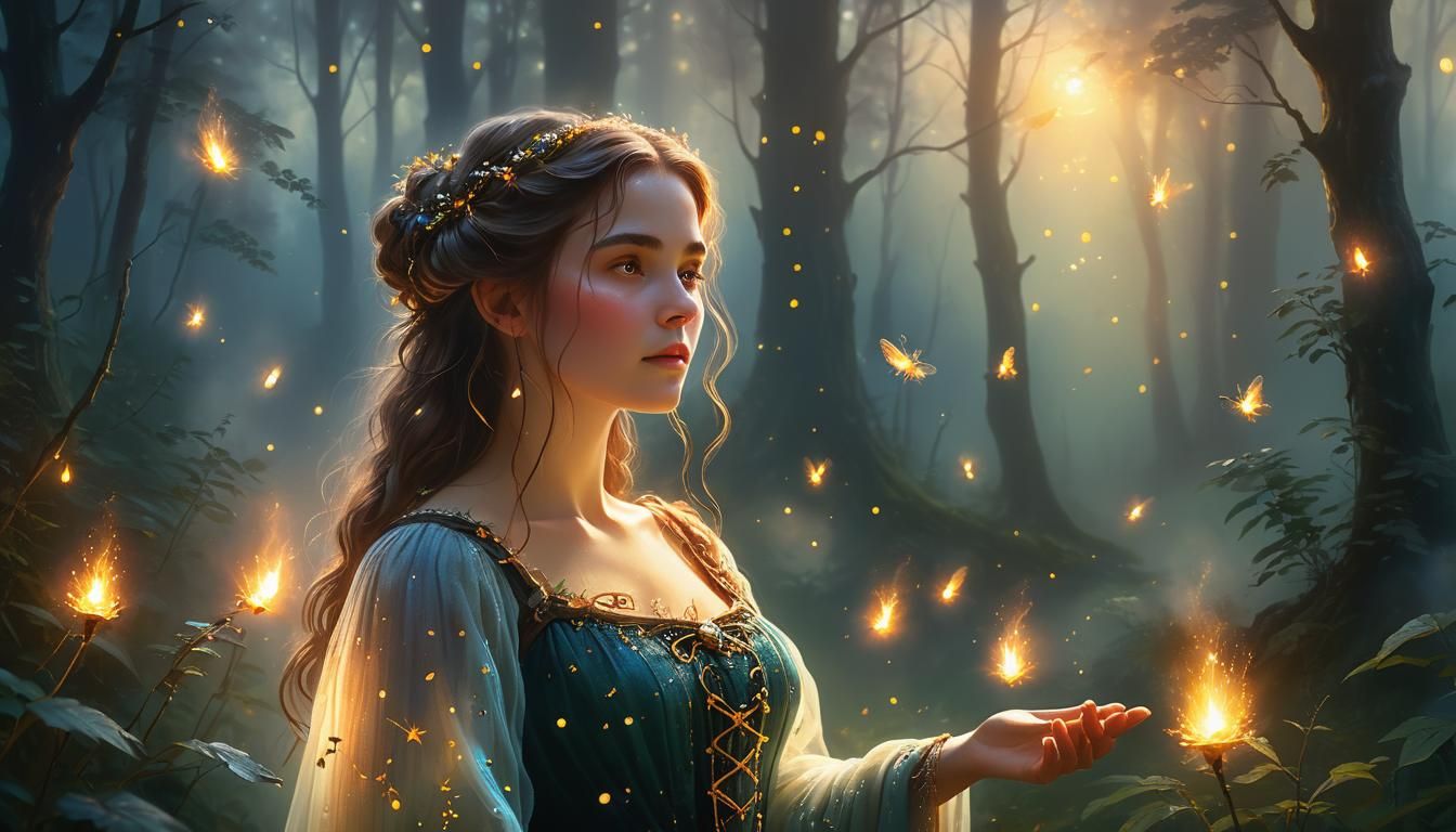 Mysterious Sorceress in Forest at Golden Hour