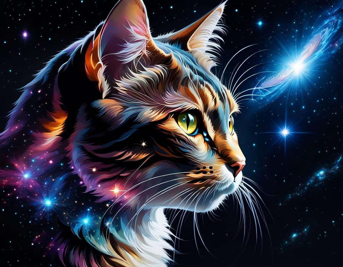 Crystalline Cat in Starry Galaxy: Oil Painting