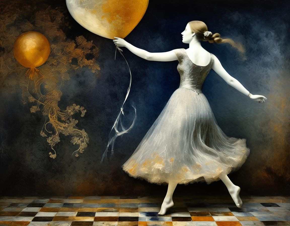 Surreal Dance: Heart Balloon Burst in Redon Style