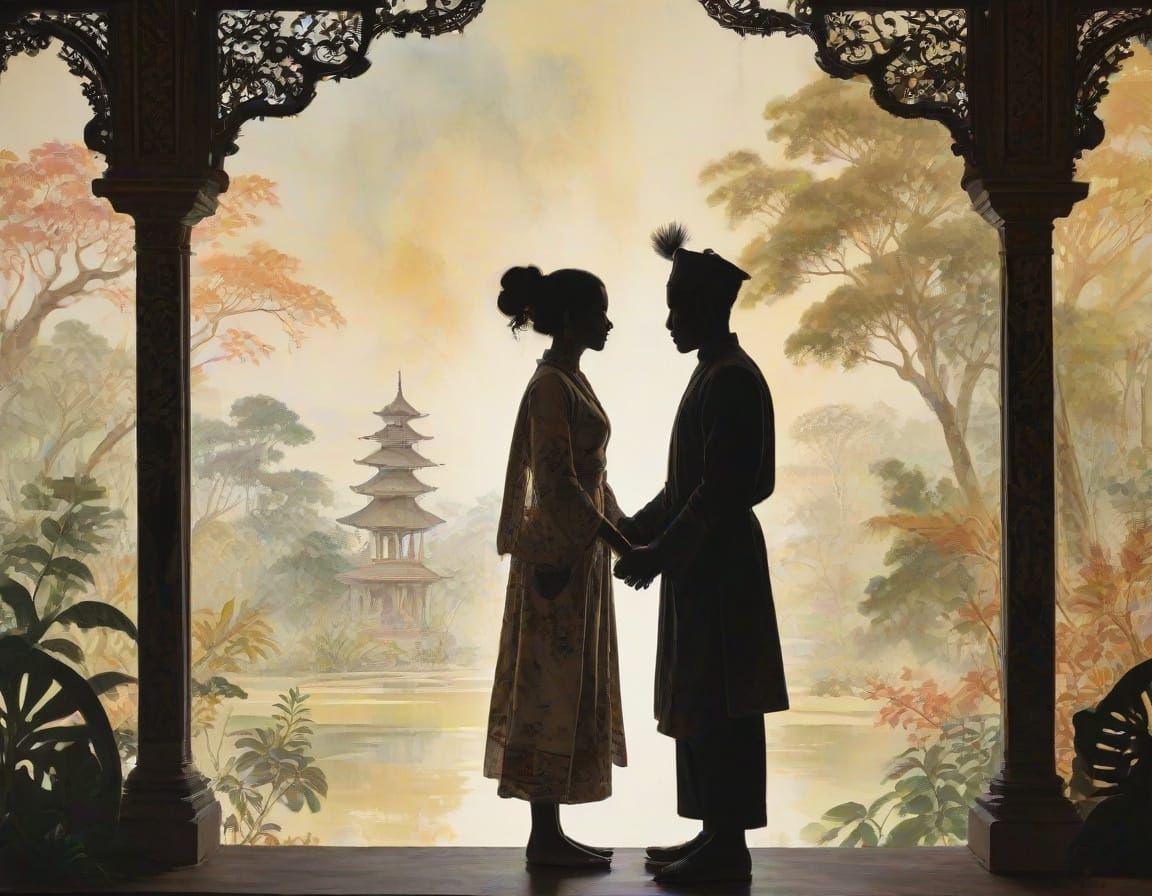 Indonesian Shadow Puppets in Temple Watercolor Painting