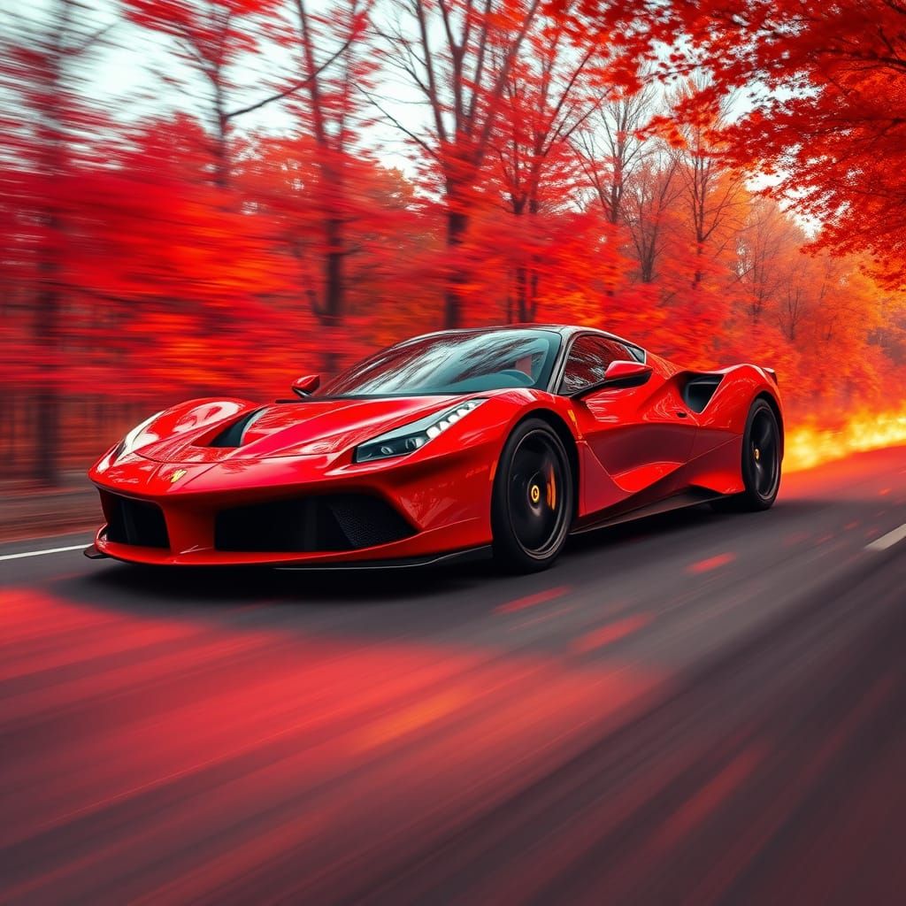 Fire Red Ferrari Races Through Autumn Maples