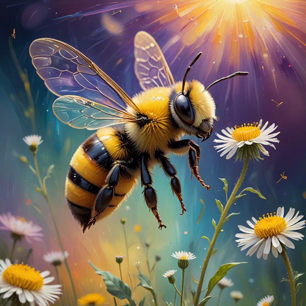 Glowing Bee in Dreamy Dandelion Scene