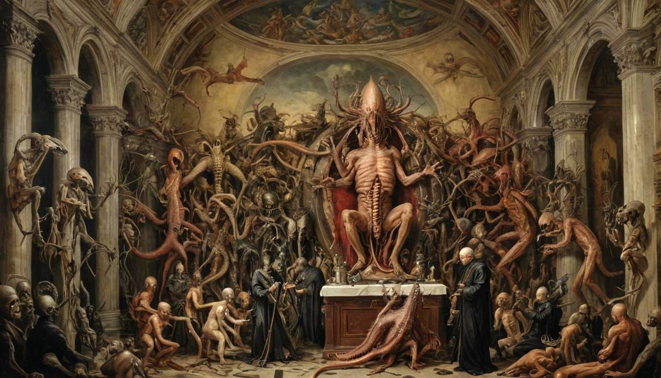 Reptilian Conspiracy at the Vatican: Surreal Oil Painting