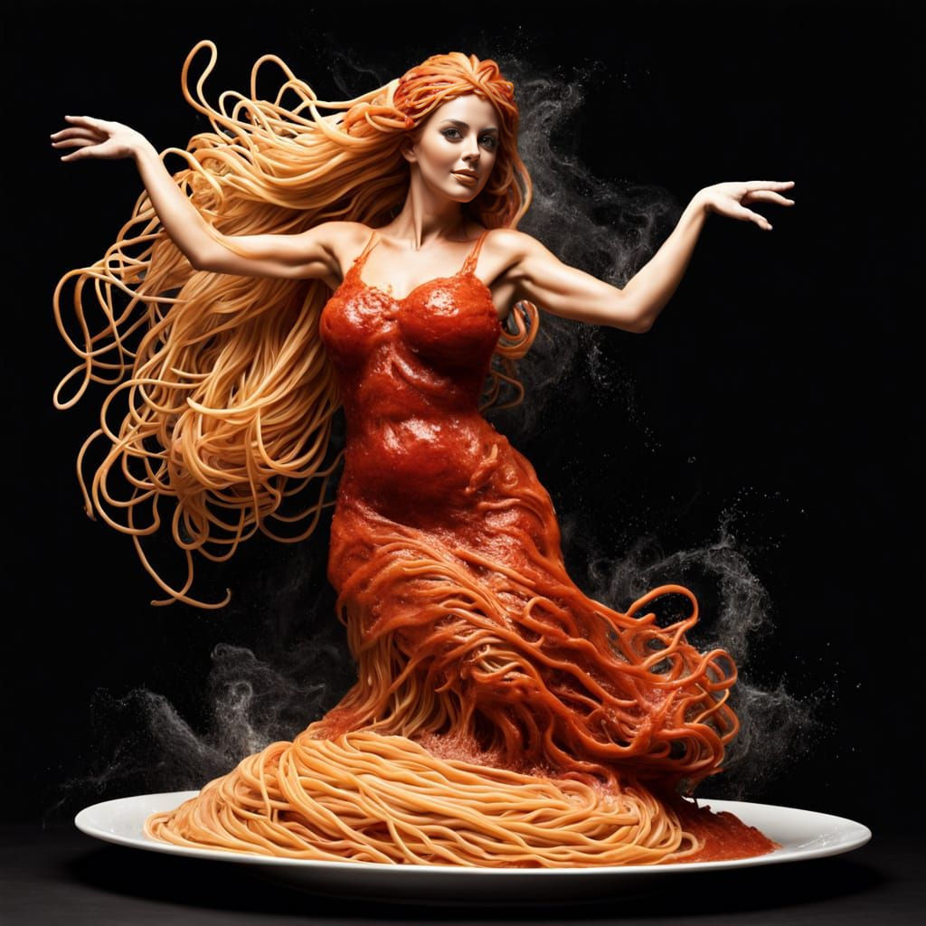 Surreal Spaghetti Dancer in Vibrant Tomato Sauce