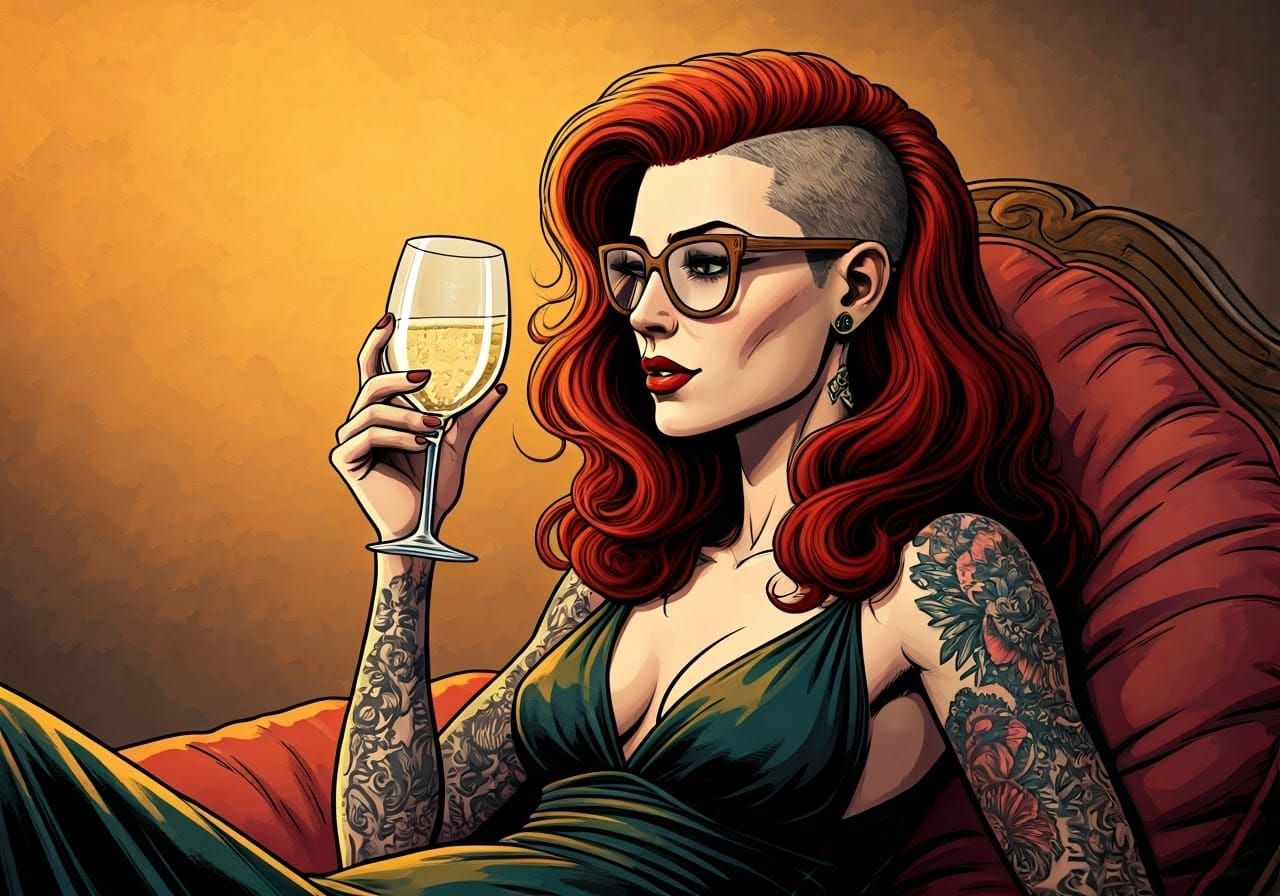 Red-Haired Woman Sipping Wine, Graphic Novel Illustration