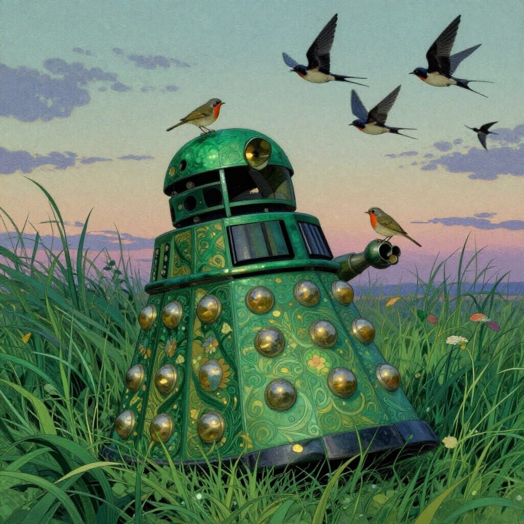 Art Nouveau Dalek Rests in Green Meadow with Birds
