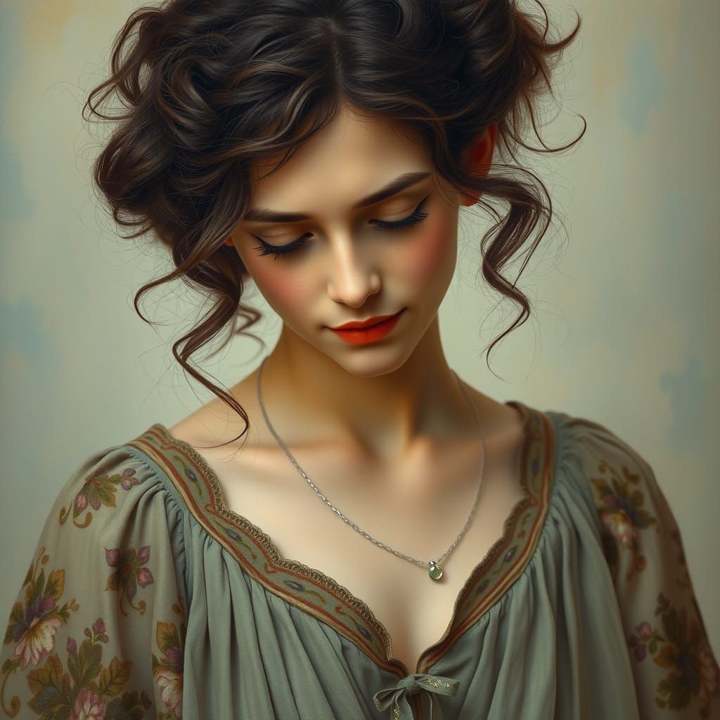 Ethereal Young Woman Lost in Thought, Pre-Raphaelite Style