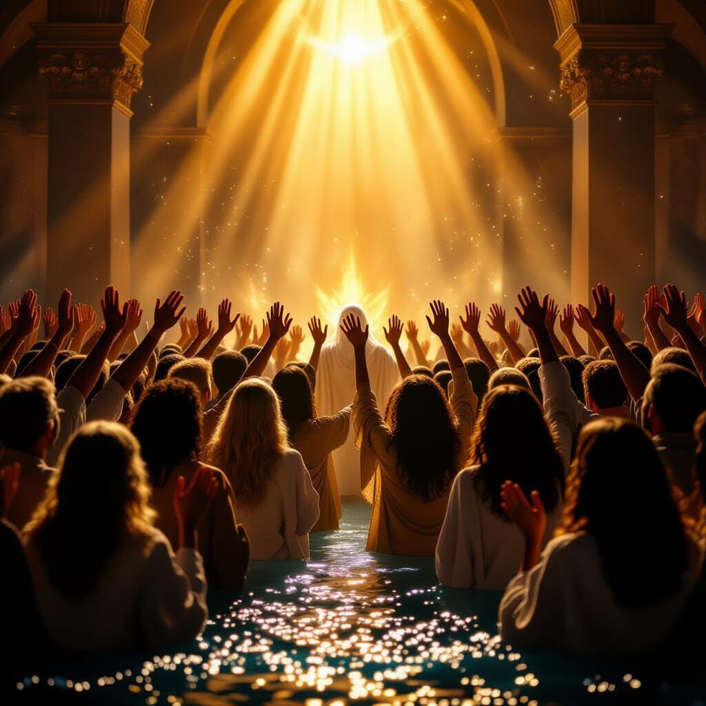 Devoted Gathering Before Divine Throne in Golden Light