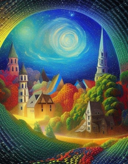 Medieval Village Under Stars: Pointillist Dreamscape