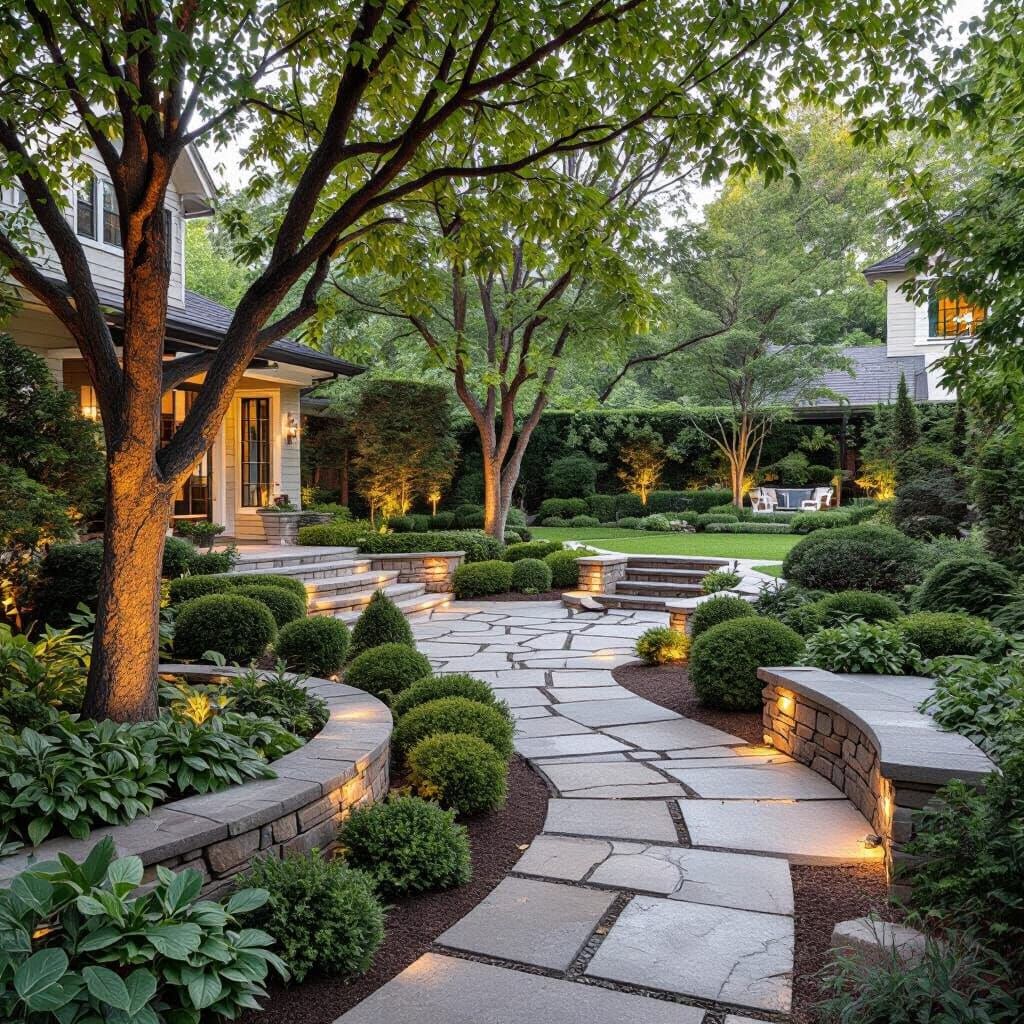 Landscaped Yard with Brick Walkway and Lights
