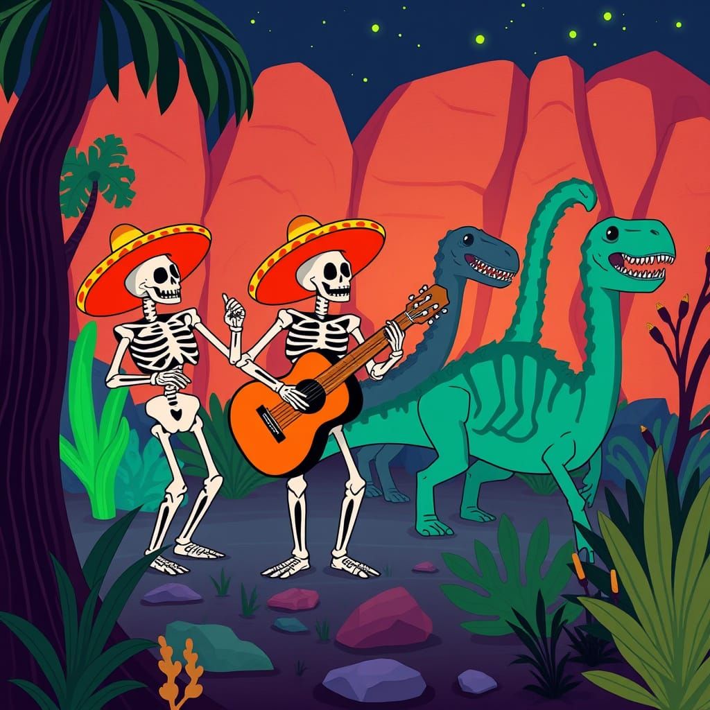 Cartoon Skeleton Mariachi Band in Jurassic Garden