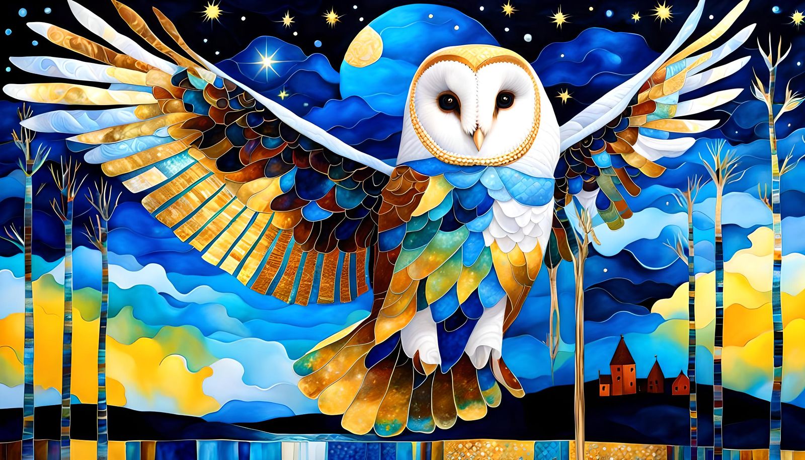 Psychedelic Barn Owl in Gilded Gothic Scene
