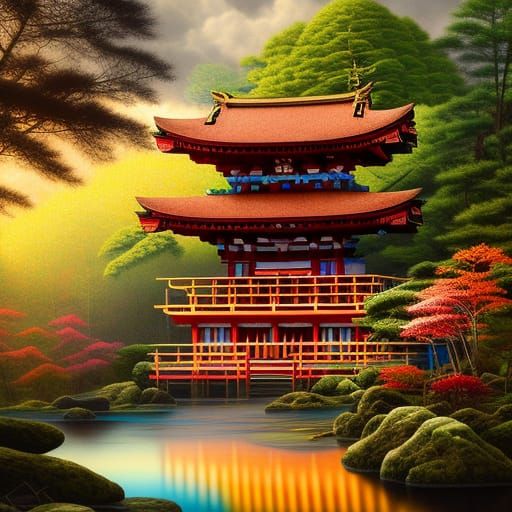 Epic Japanese Shinto Temple in Hyperrealistic Painting