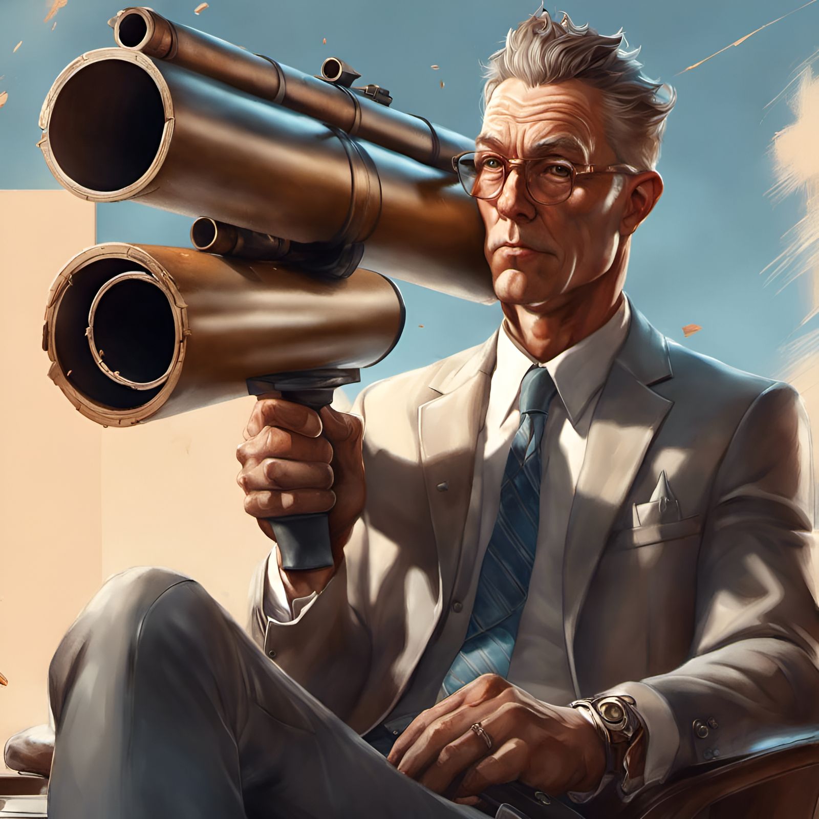 Businessman with Bazooka in Office: Detailed Digital Art