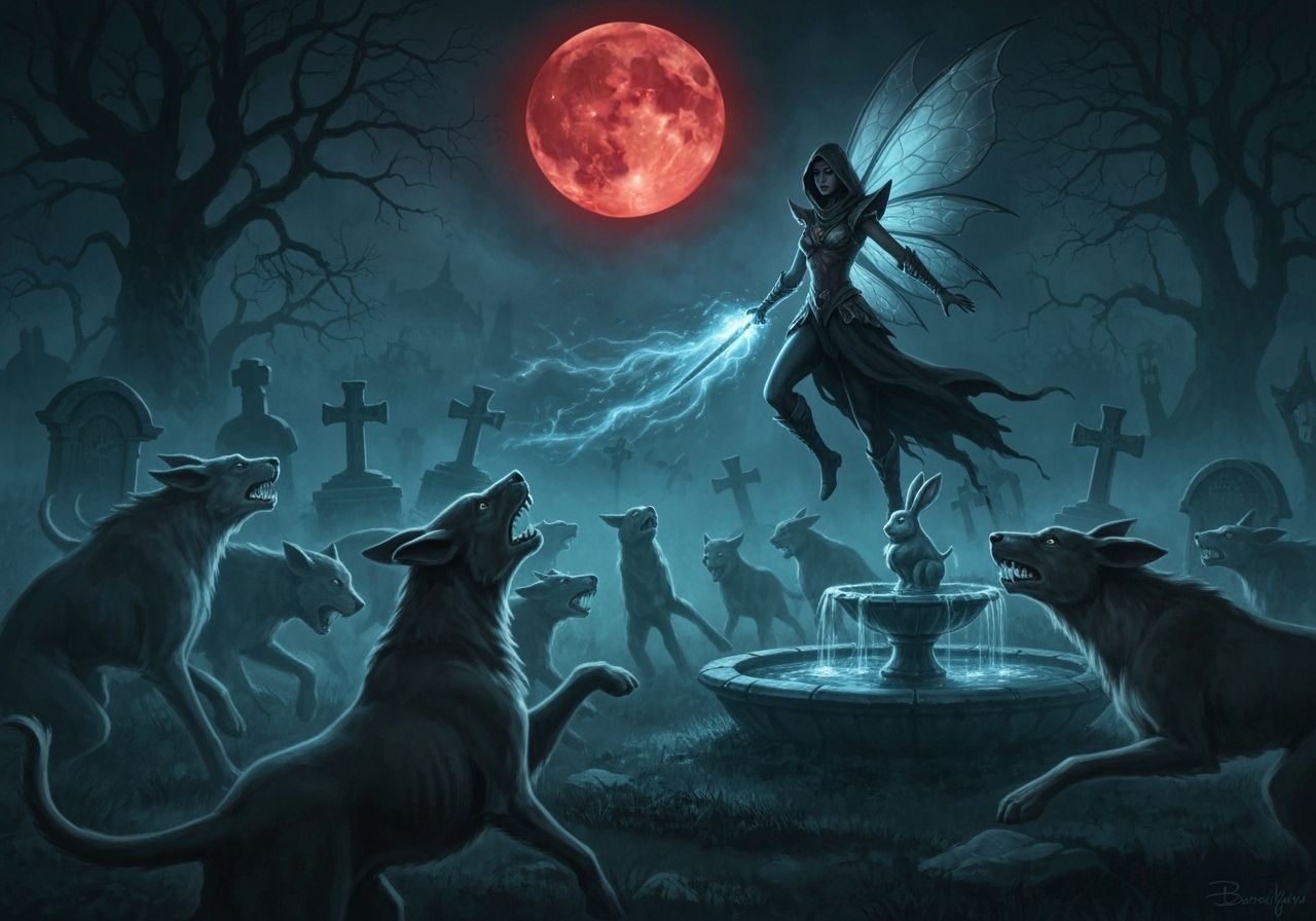Gothic Fairy Battles Hellhounds in Haunted Graveyard