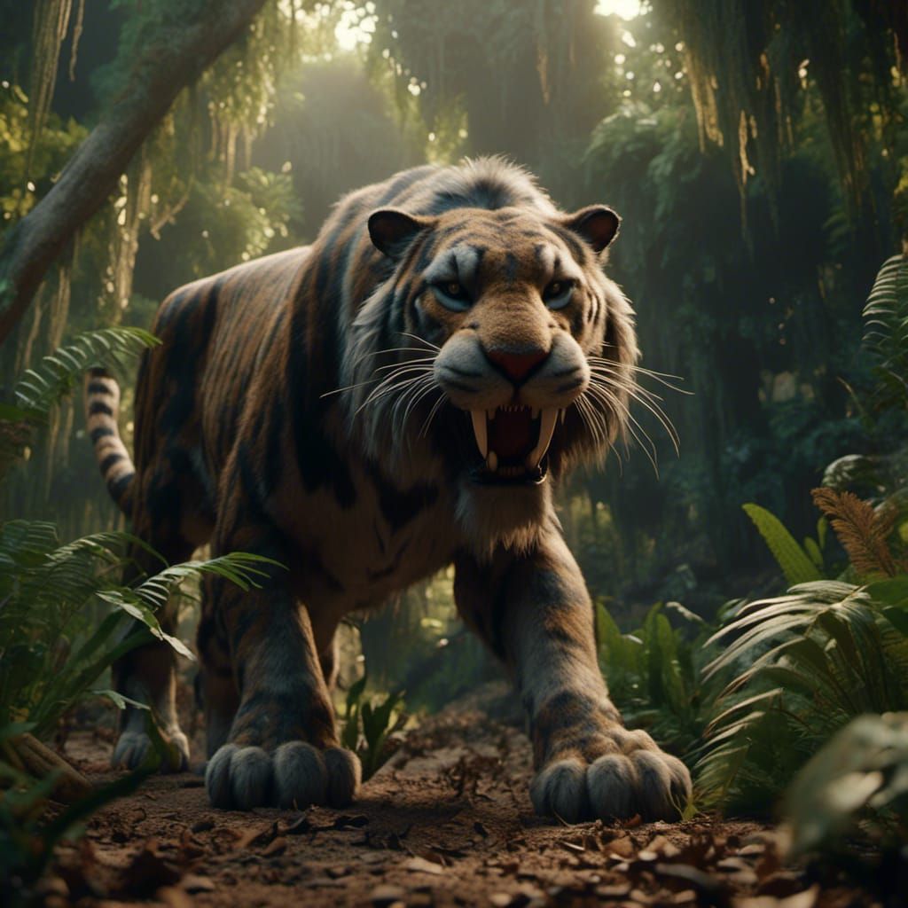 Smilodon Emerges from Jungle Undergrowth