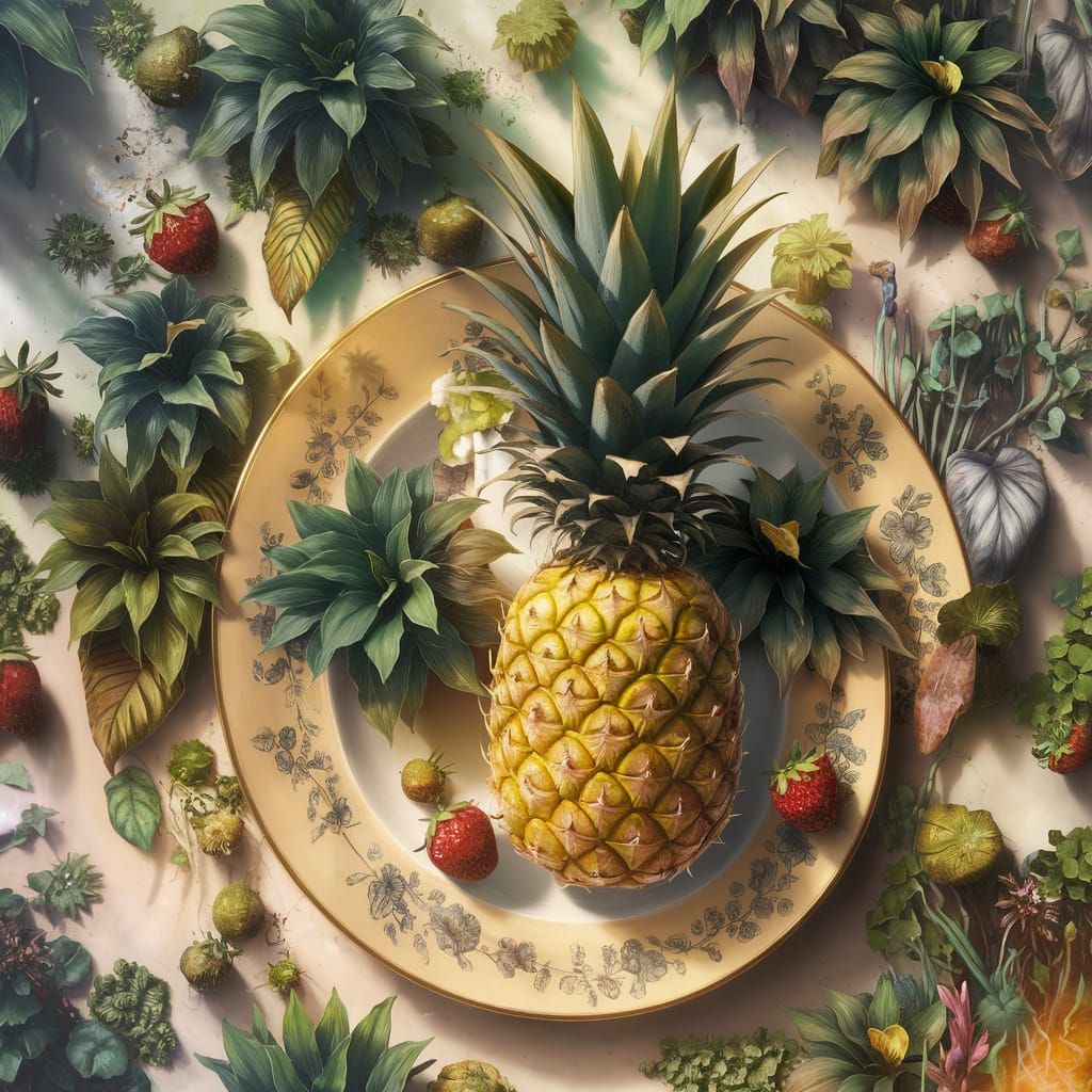 Fantasy Pineapple and Strawberries in Lush Forest