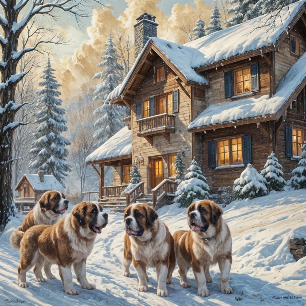 St. Bernard Puppies Play in Winter Wonderland