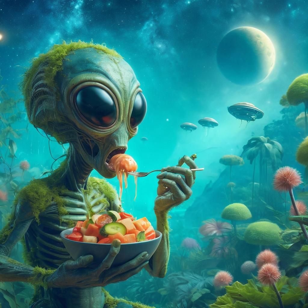 Alien Enjoying a Meal with Lush Textures