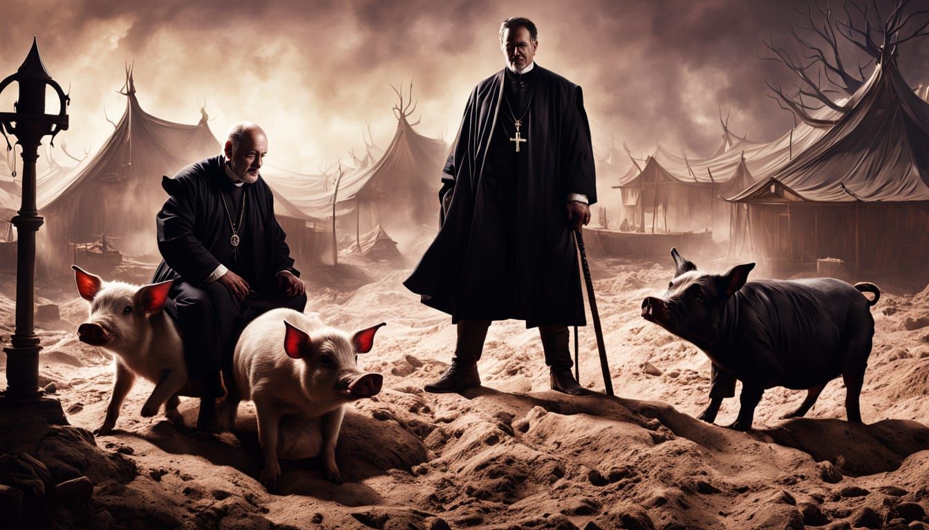 Satan and Priest with Pigs in Dark Fantasy Art