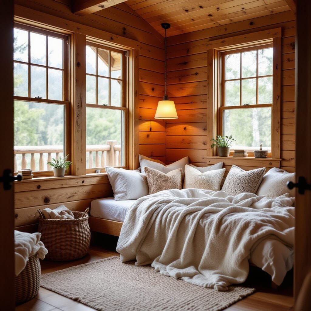 Cozy Cabin Bathed in Soft Light with Warm Blankets