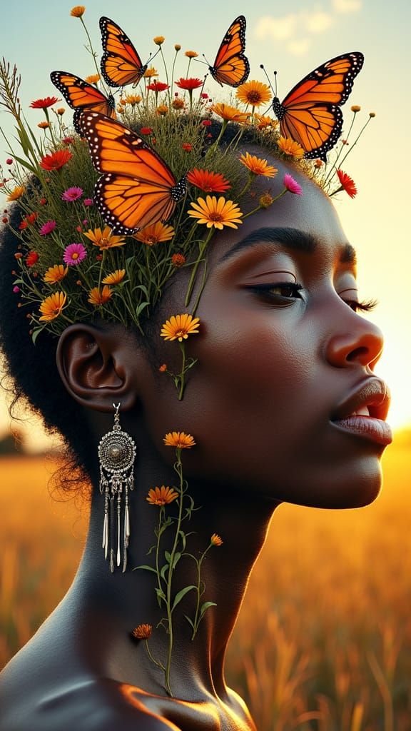 Abstract African Woman with Floral Ecosystem