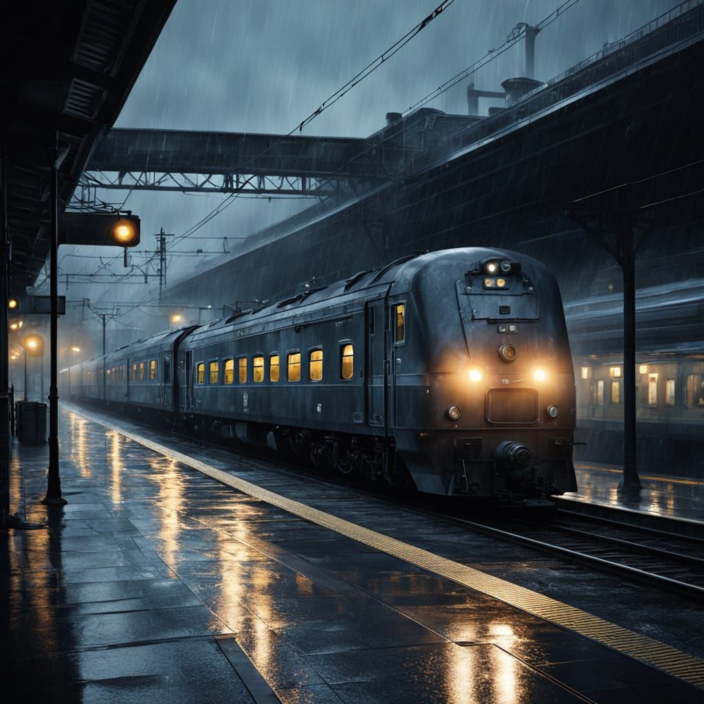 Gloomy Evening Train Station in Moody Film Noir Style