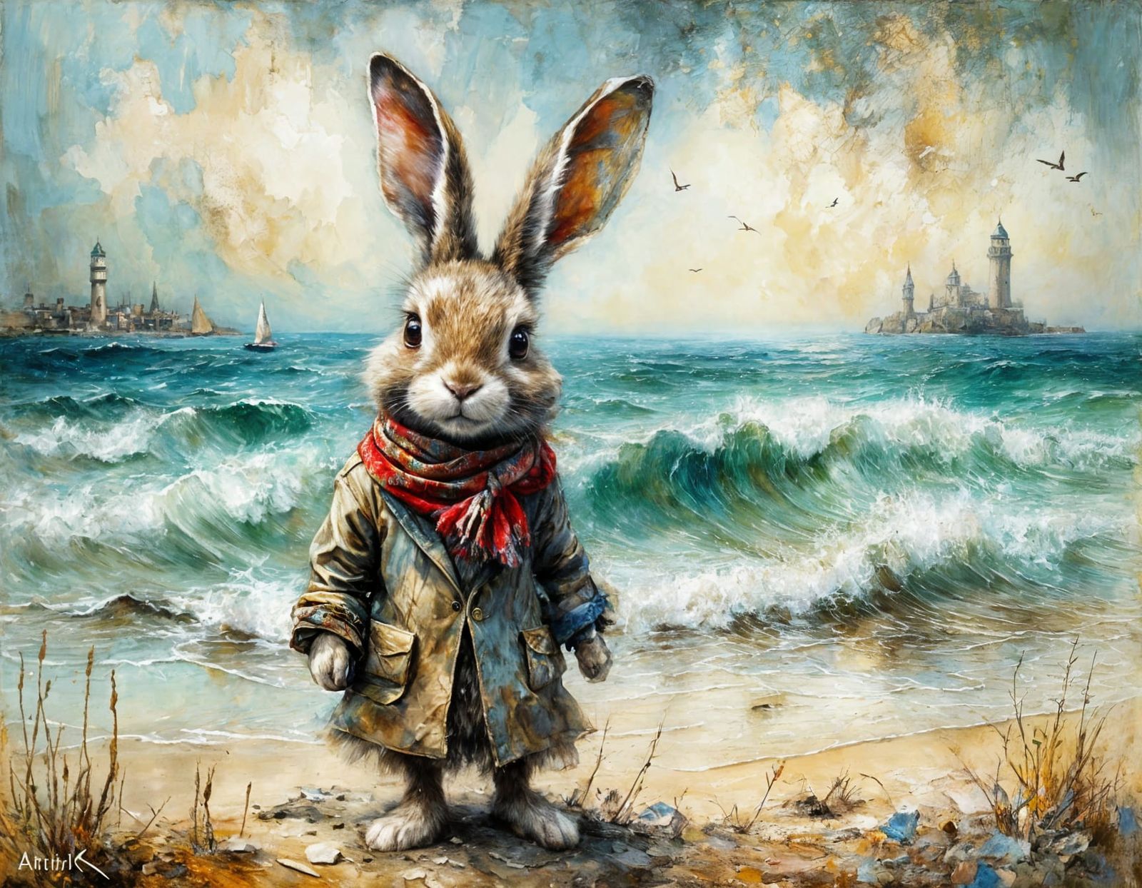 Impressionist Rabbit on the Beach in Oil Painting Style