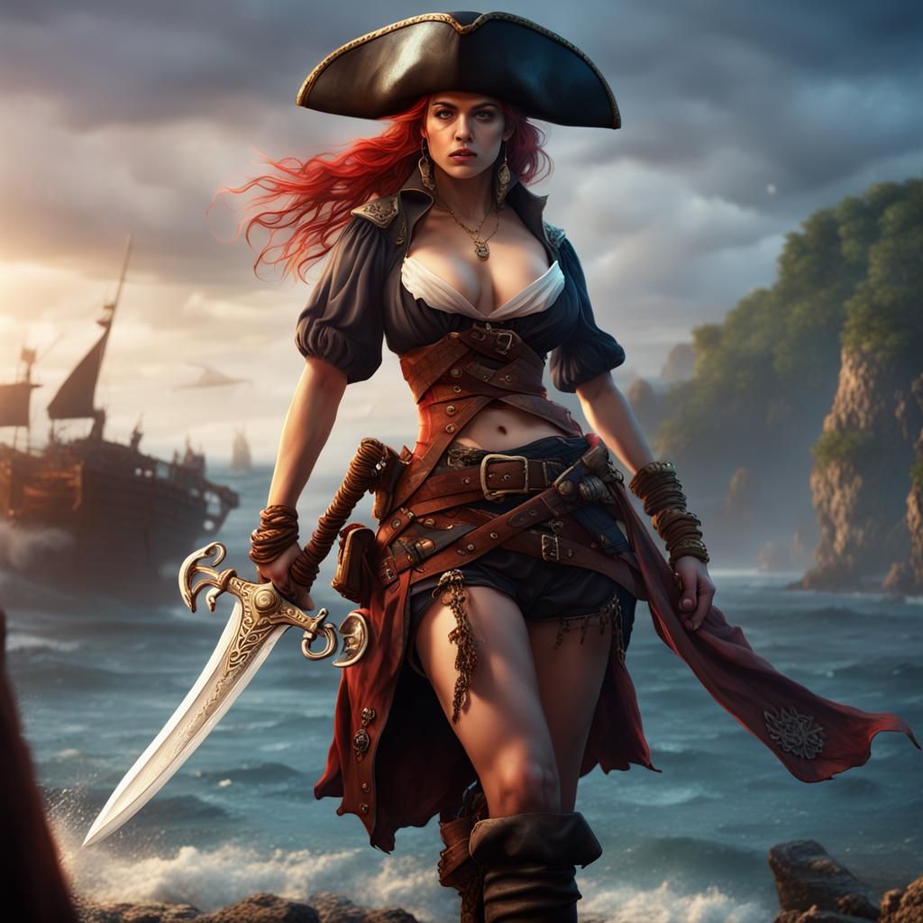 Curvy Pirate Lady with Sword in Detailed Matte Painting