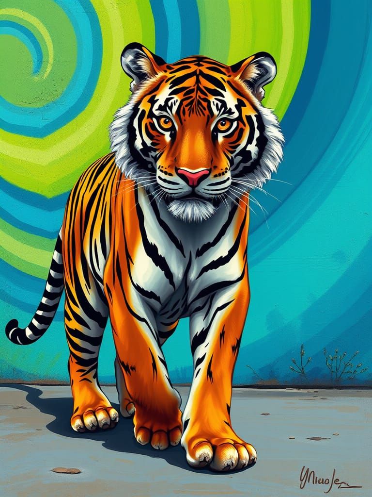 Surreal Tiger Strides into a Whimsical Street Art Scene