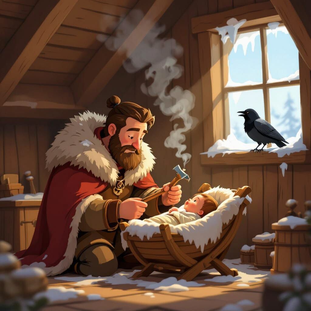 Father Places Axe Pendant on Baby in Snowy Home