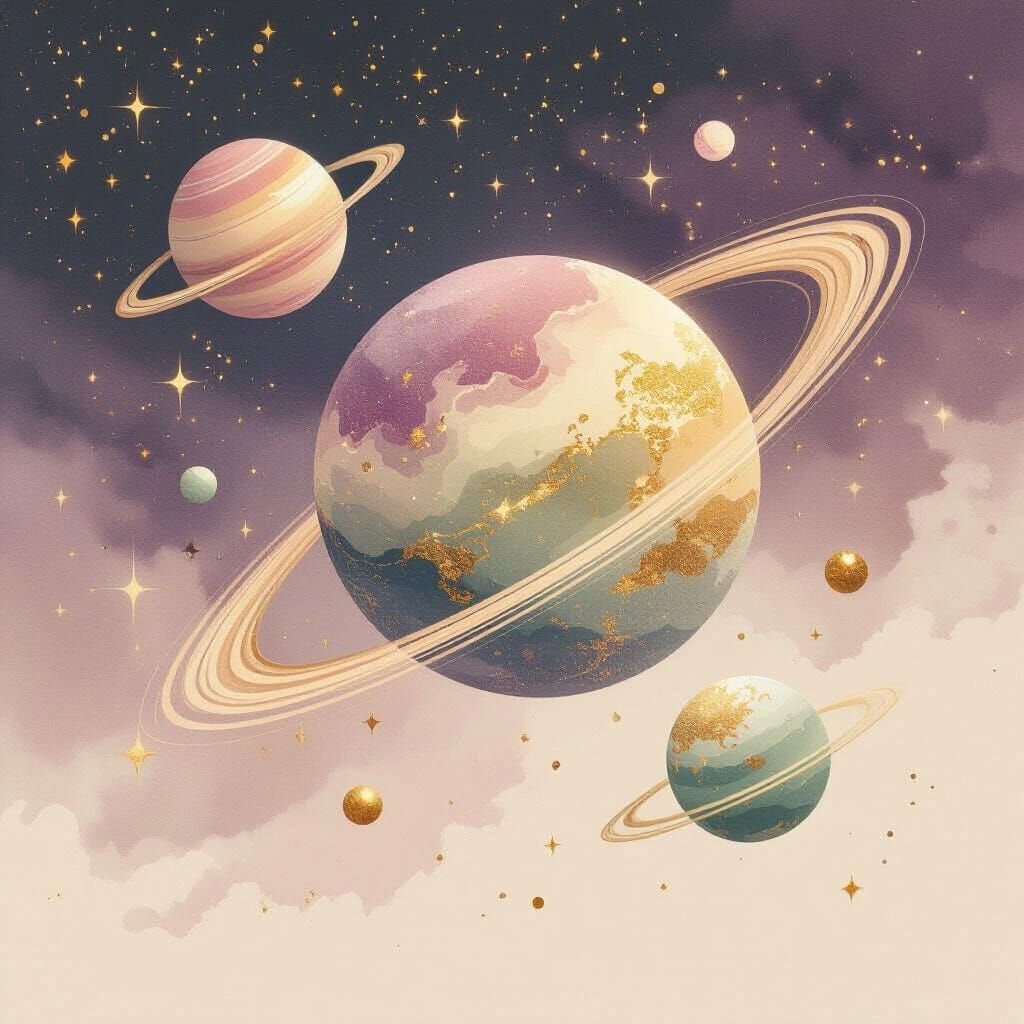 Dreamy Watercolor Galaxy in Mauve, Sage & Gold