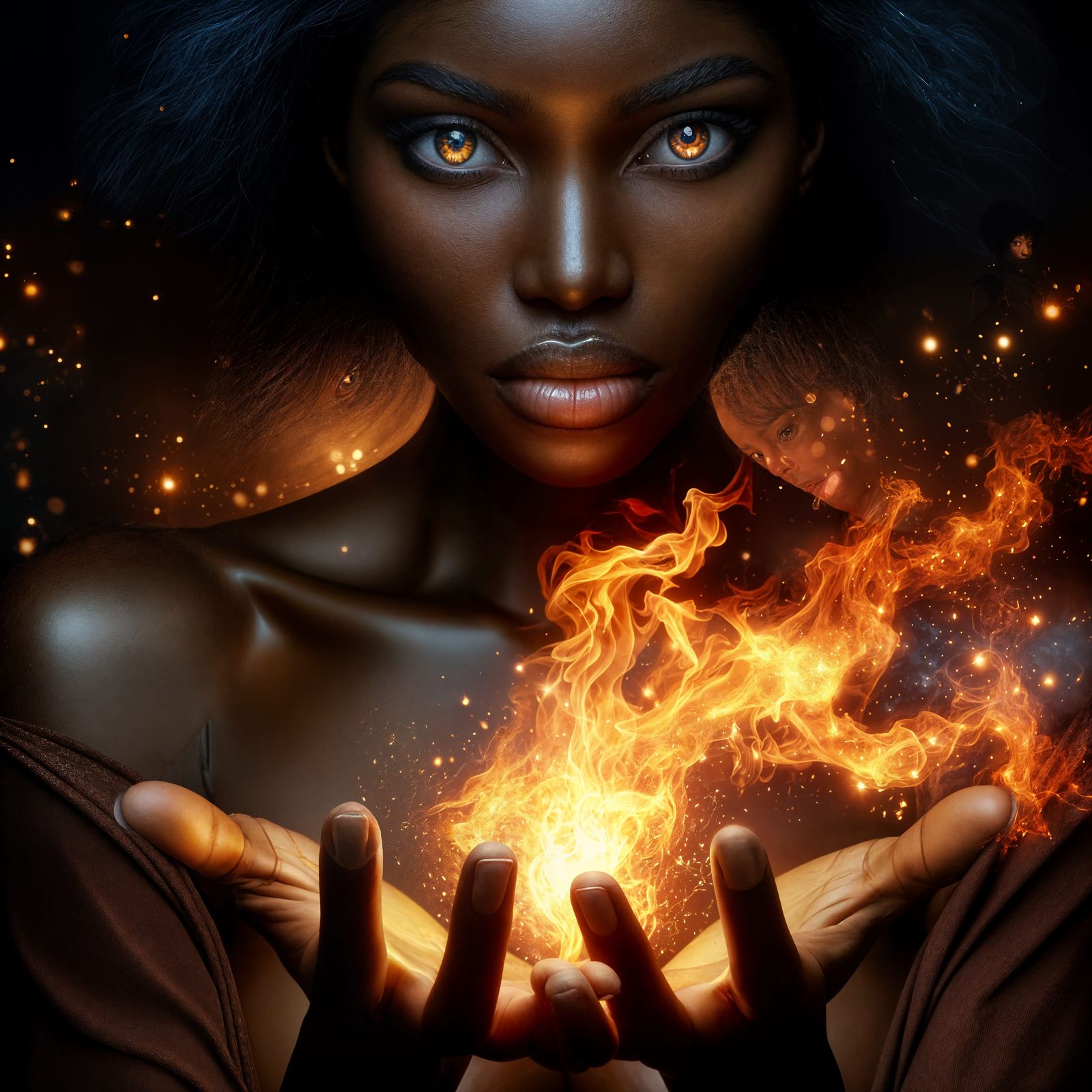 Black Woman Controls Fire with Luminous Eyes
