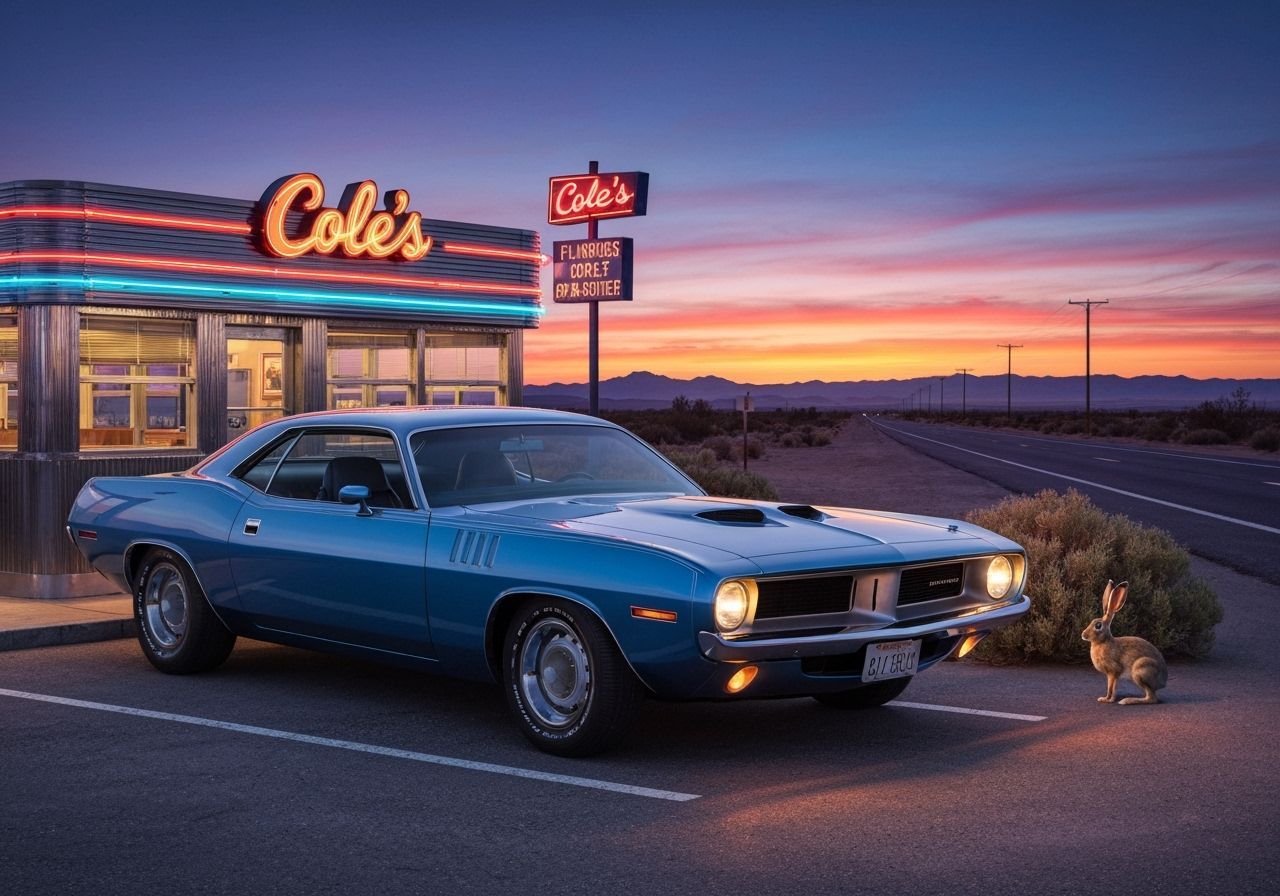 1970 Plymouth Barracuda at Retro Diner at Dusk