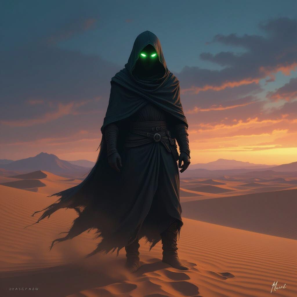 Mysterious Hooded Figure With Glowing Eyes in Desert