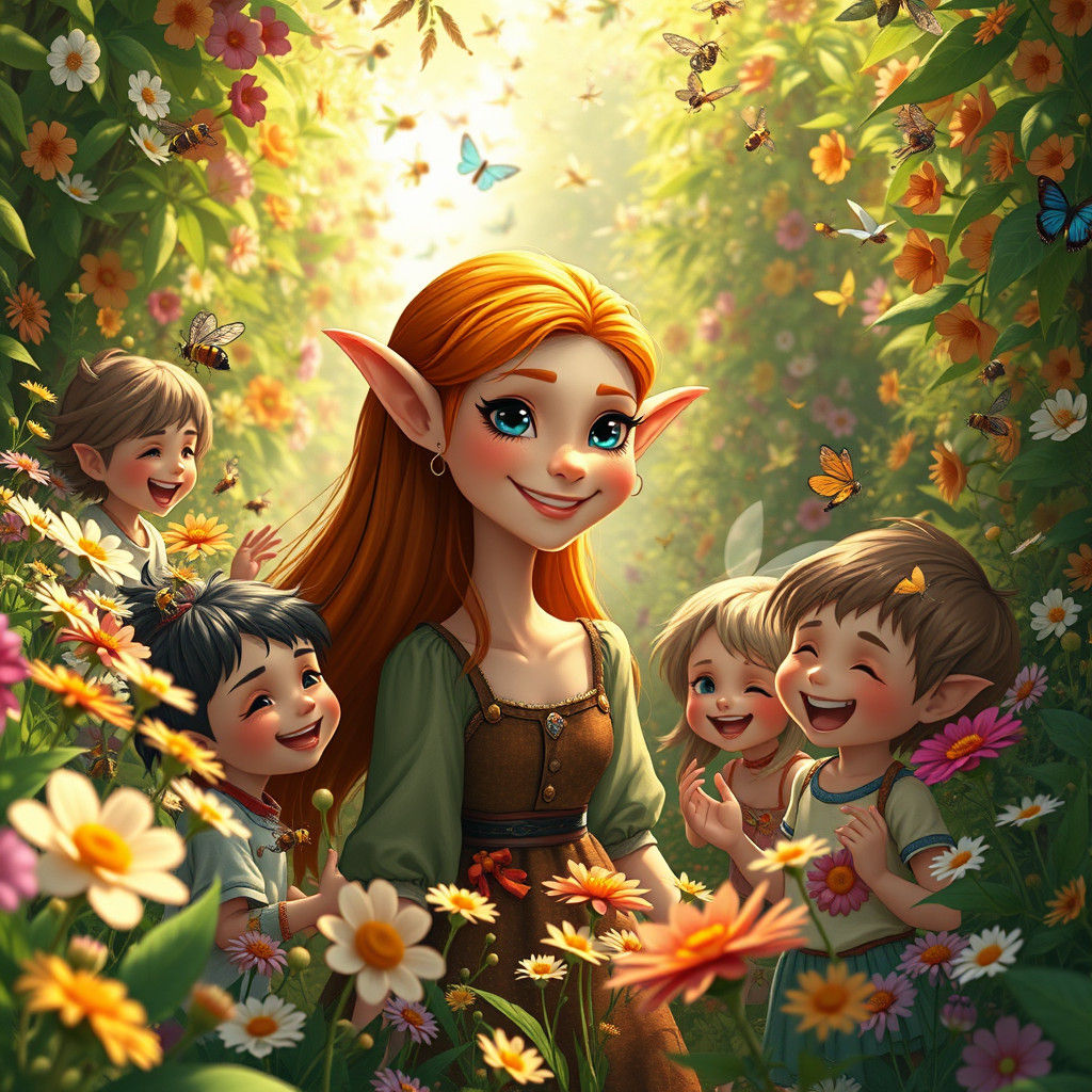 Ginger Elf with Children in Ghibli Style