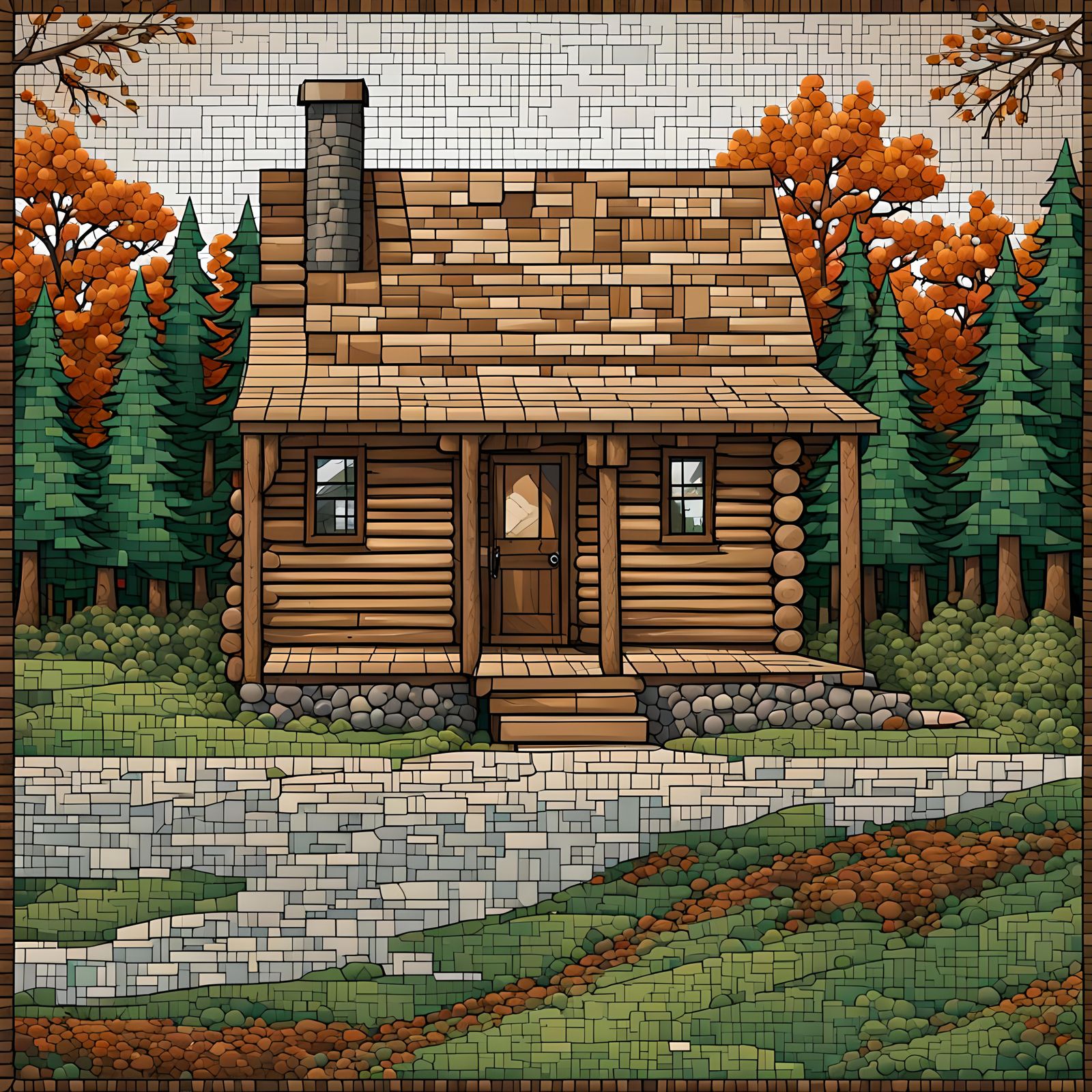 Log Cabin in Woods: 2D Digital Mosaic Landscape