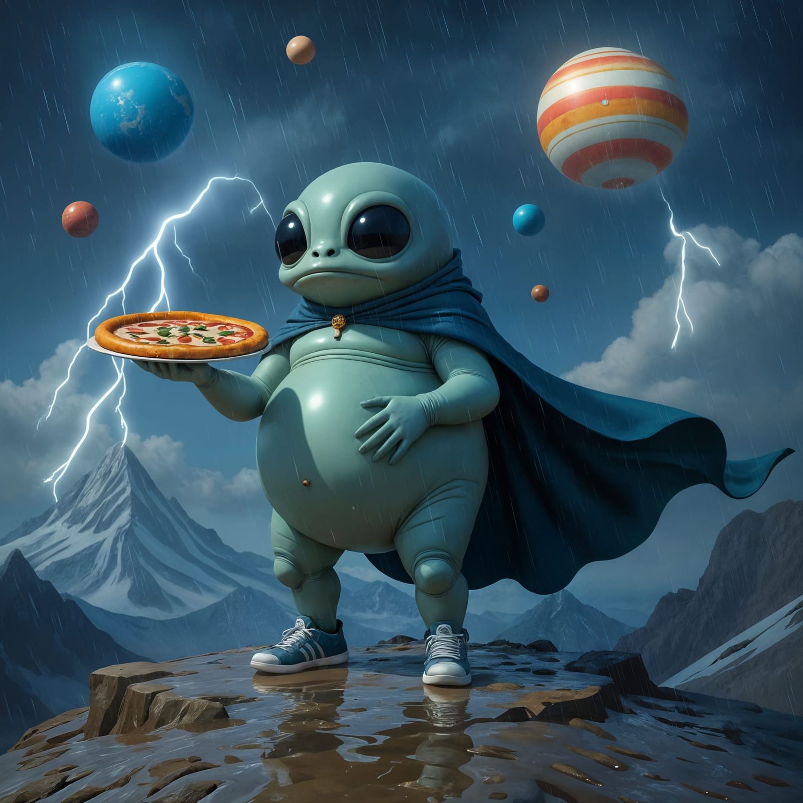 Plump Alien Pizza Delivery on Mountain in Space
