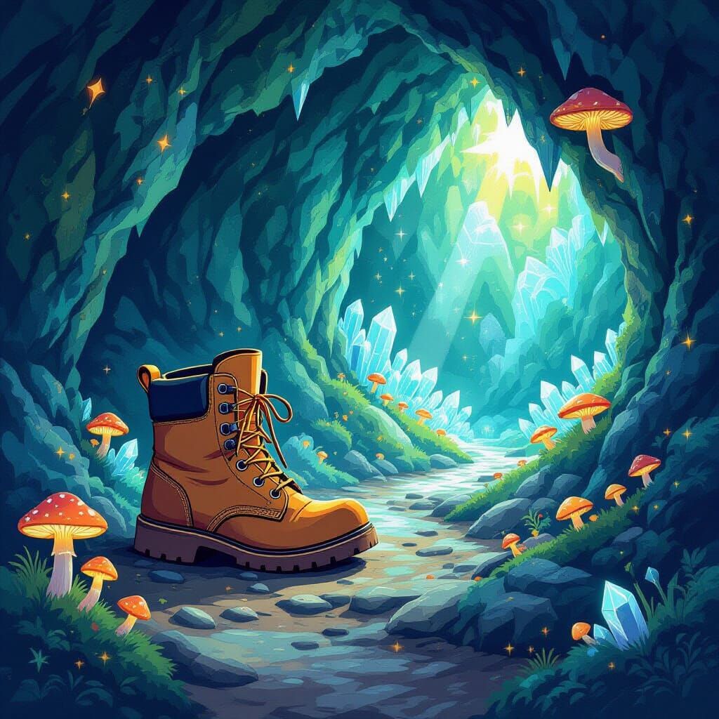 Animated Hiking Boot Explores Crystal Cave with Glowing Fung...